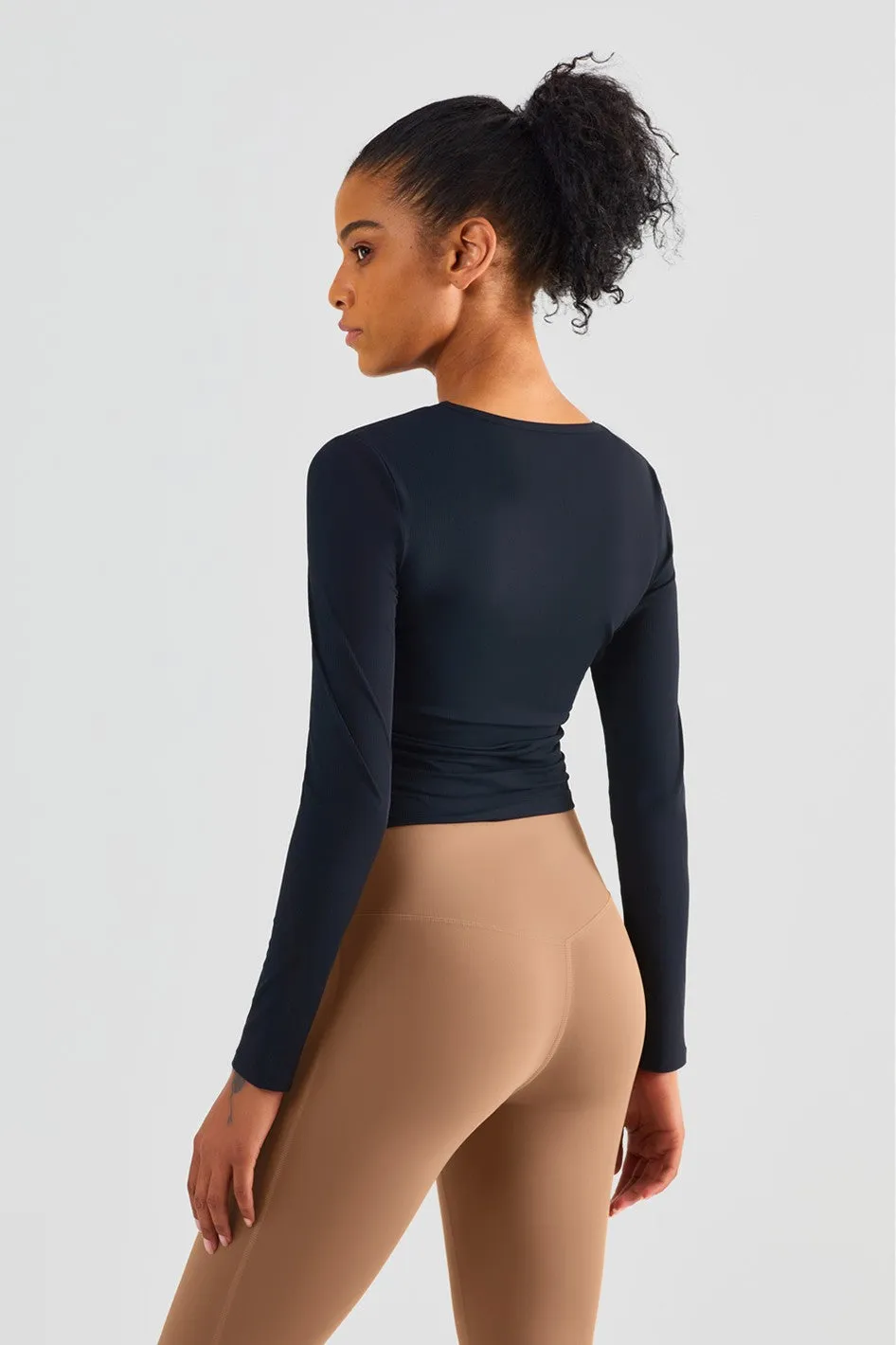 Rib Knit Side Ruched Long Sleeve Top