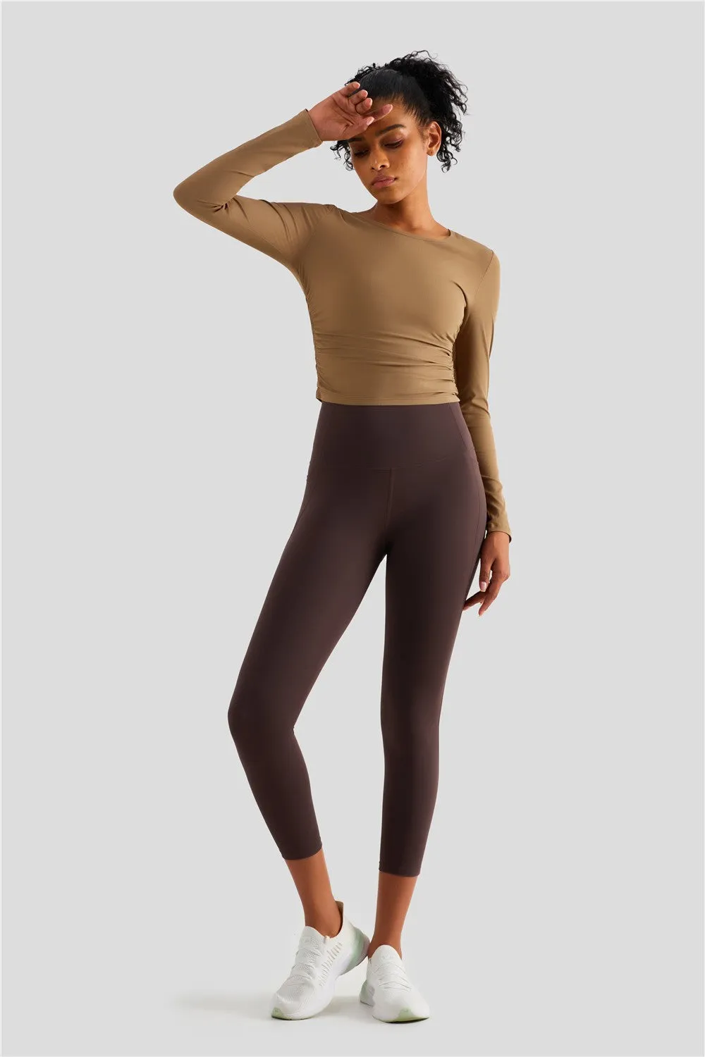 Rib Knit Side Ruched Long Sleeve Top