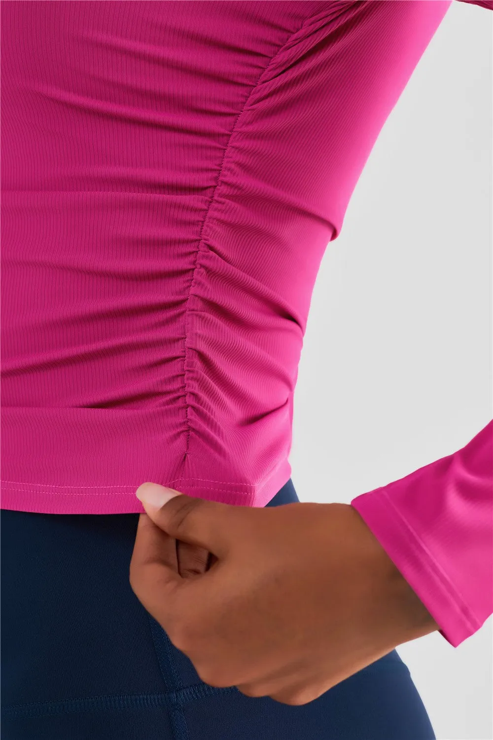 Rib Knit Side Ruched Long Sleeve Top