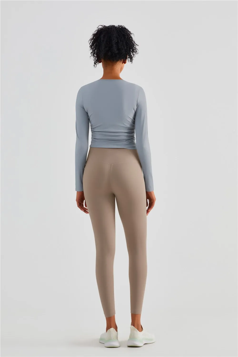 Rib Knit Side Ruched Long Sleeve Top