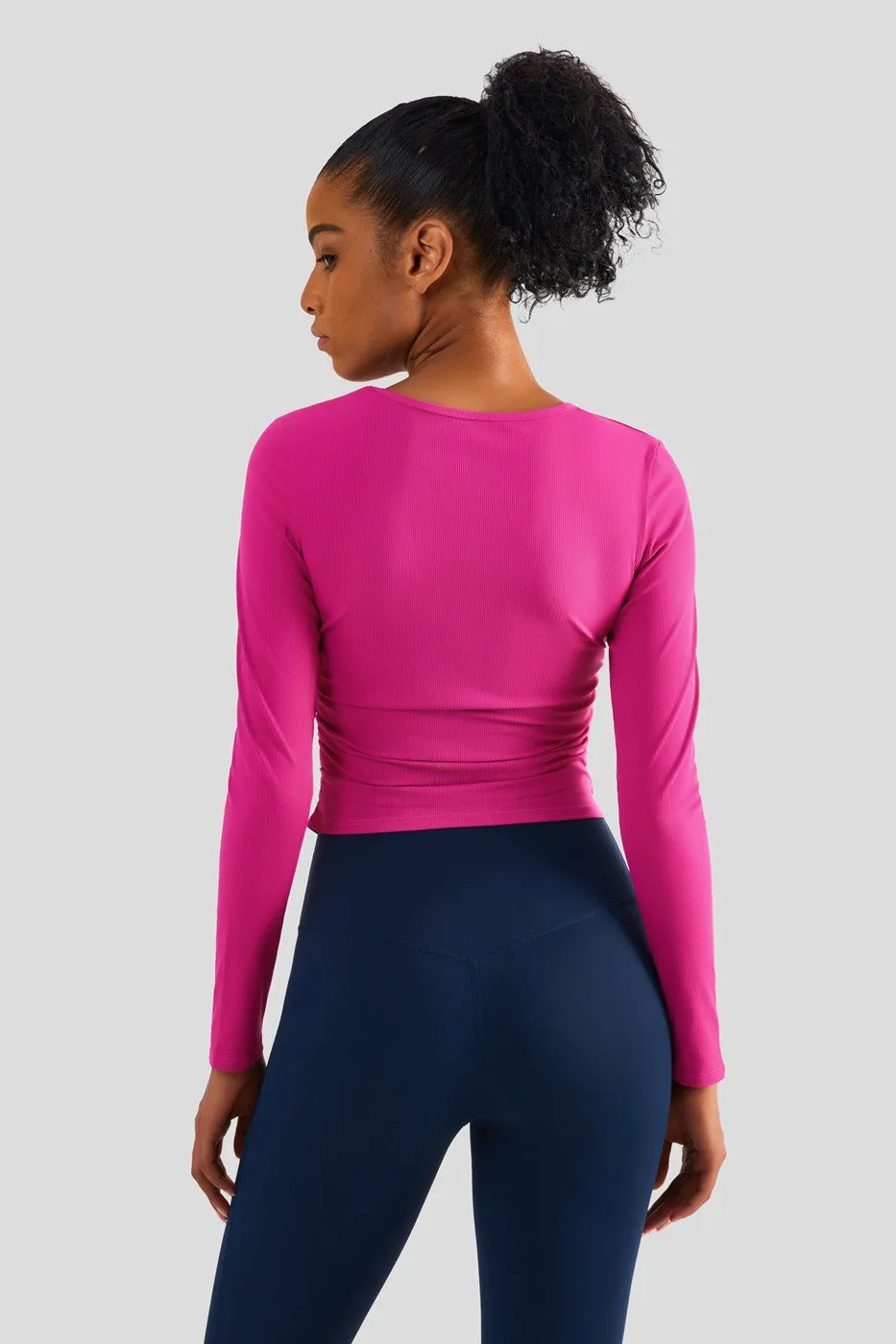 Rib Knit Side Ruched Long Sleeve Top