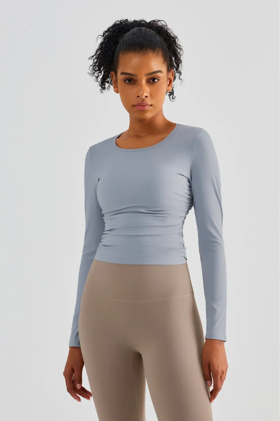 Rib Knit Side Ruched Long Sleeve Top