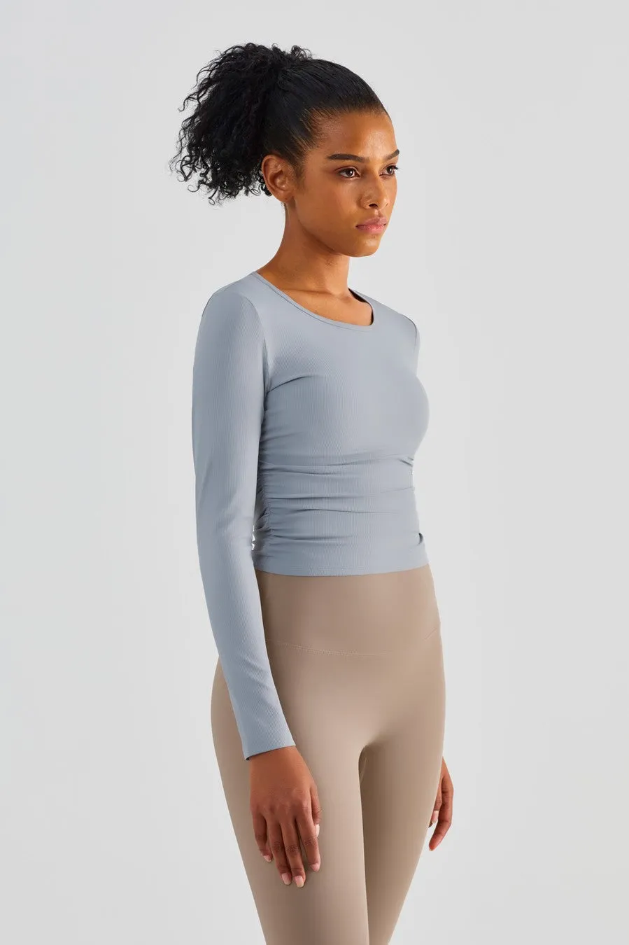 Rib Knit Side Ruched Long Sleeve Top