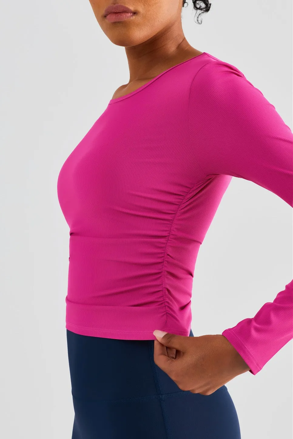Rib Knit Side Ruched Long Sleeve Top