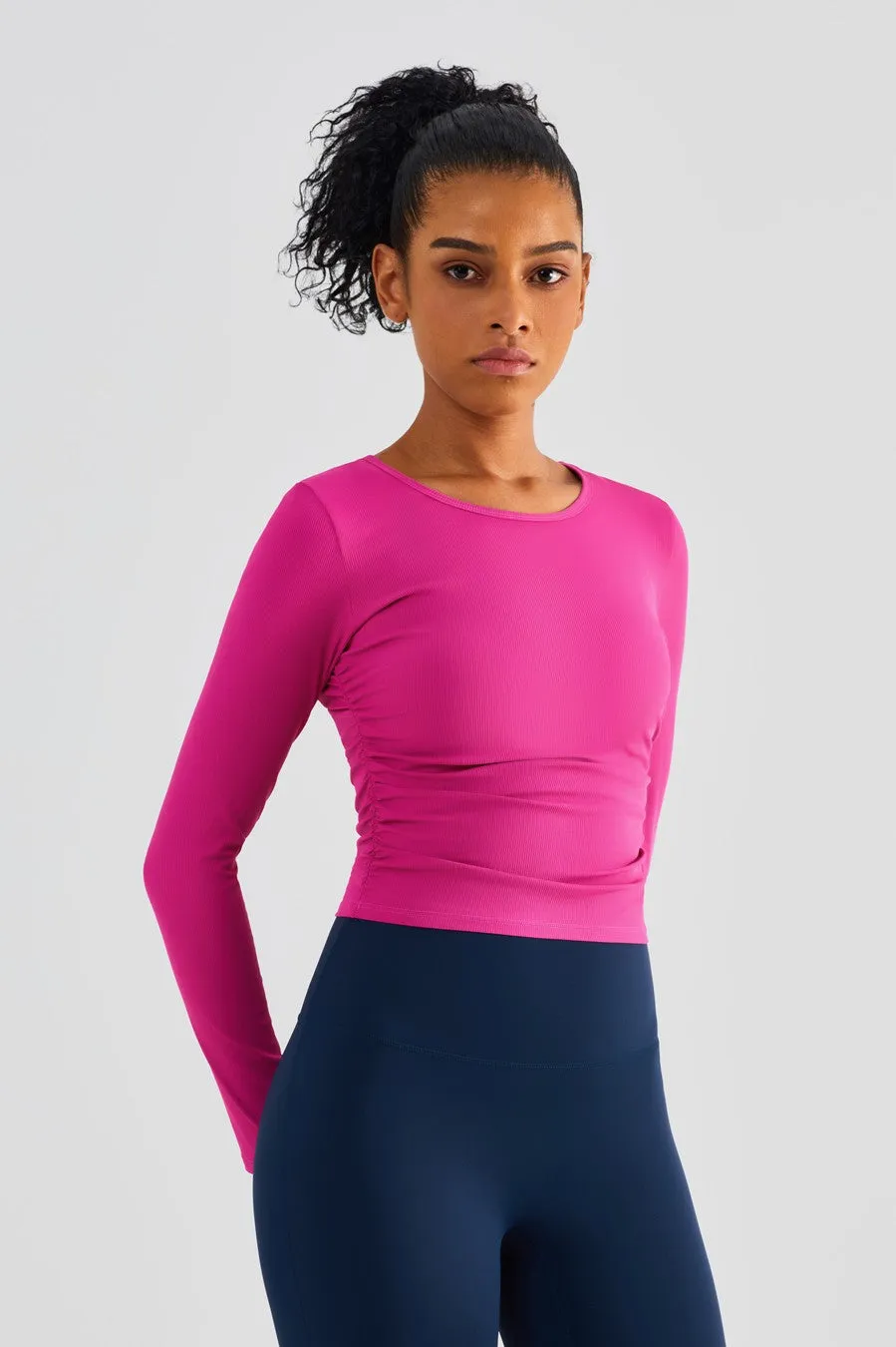 Rib Knit Side Ruched Long Sleeve Top