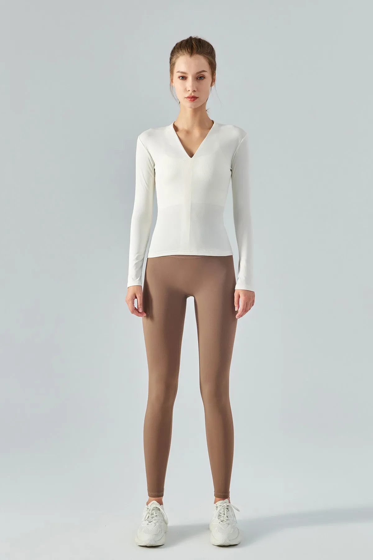 Rib Knit V-Neck Long Sleeve Tops