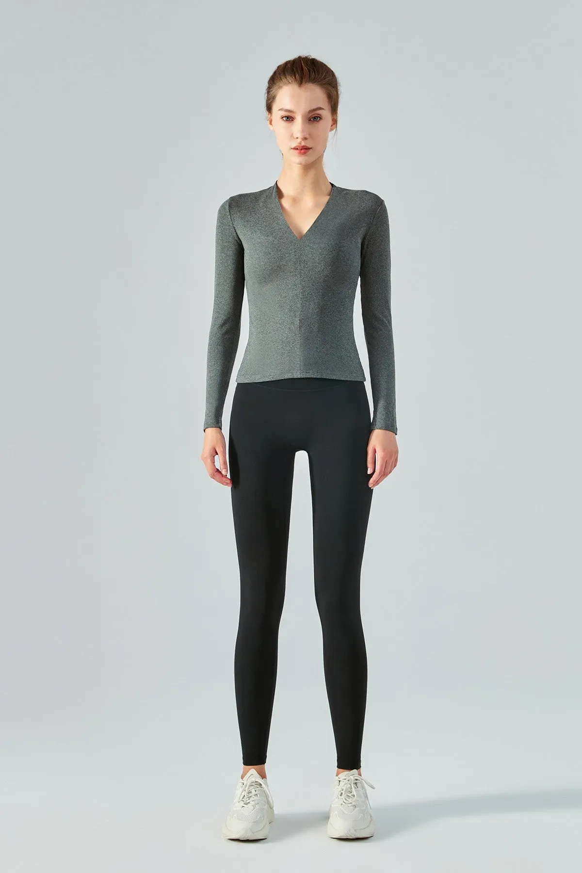Rib Knit V-Neck Long Sleeve Tops