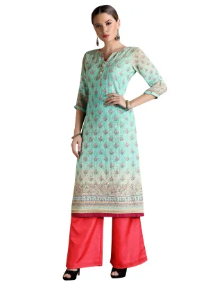 Sea Green Tunic/ Kurta With Red Palazzo Pants