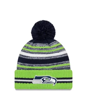 Seattle Seahawks New Era 2021 NFL Sideline - Sport Official Pom Cuffed Knit Hat - Neon/Navy