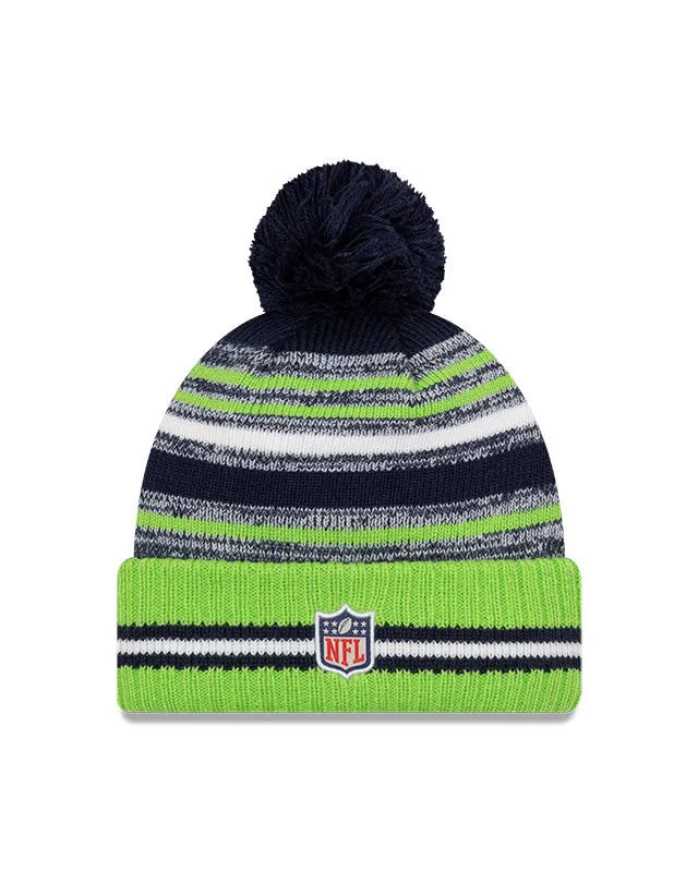 Seattle Seahawks New Era 2021 NFL Sideline - Sport Official Pom Cuffed Knit Hat - Neon/Navy