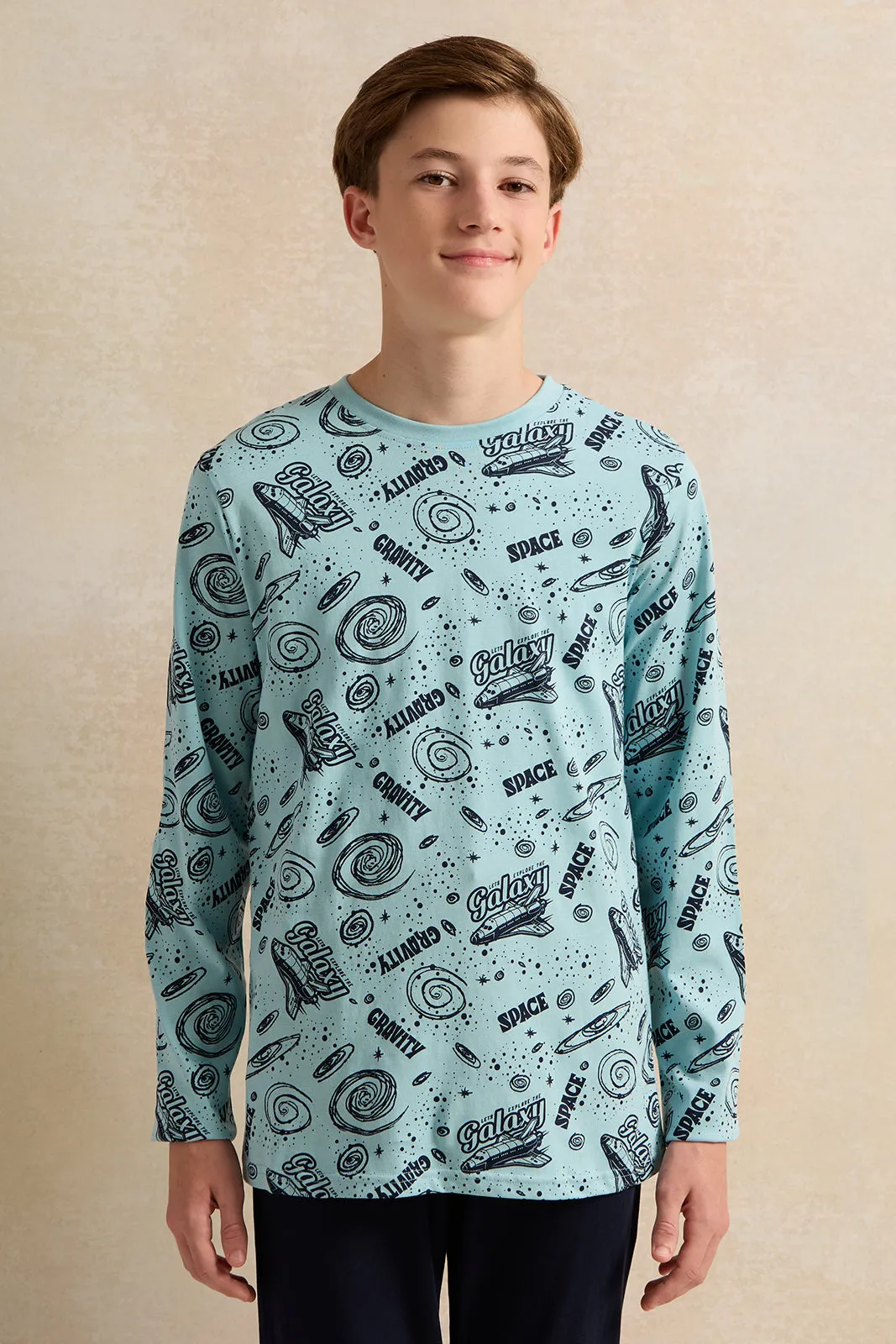 Senior Boys Blue And Black Printed Pyjama set (2 Piece)