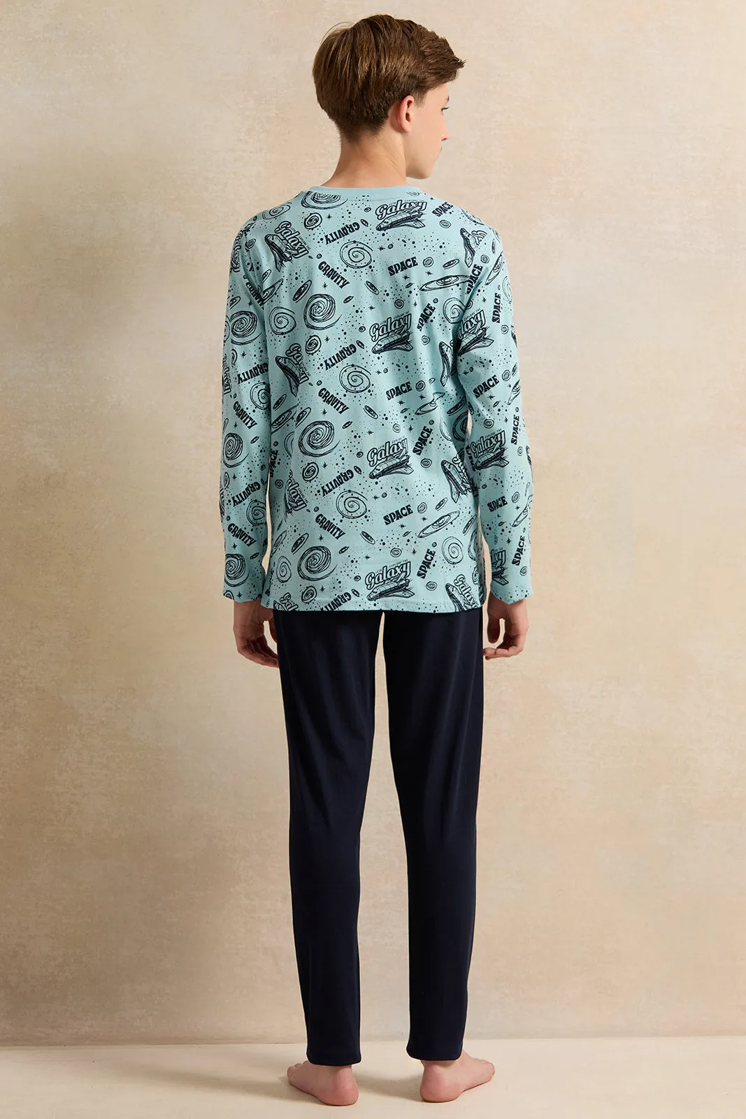 Senior Boys Blue And Black Printed Pyjama set (2 Piece)