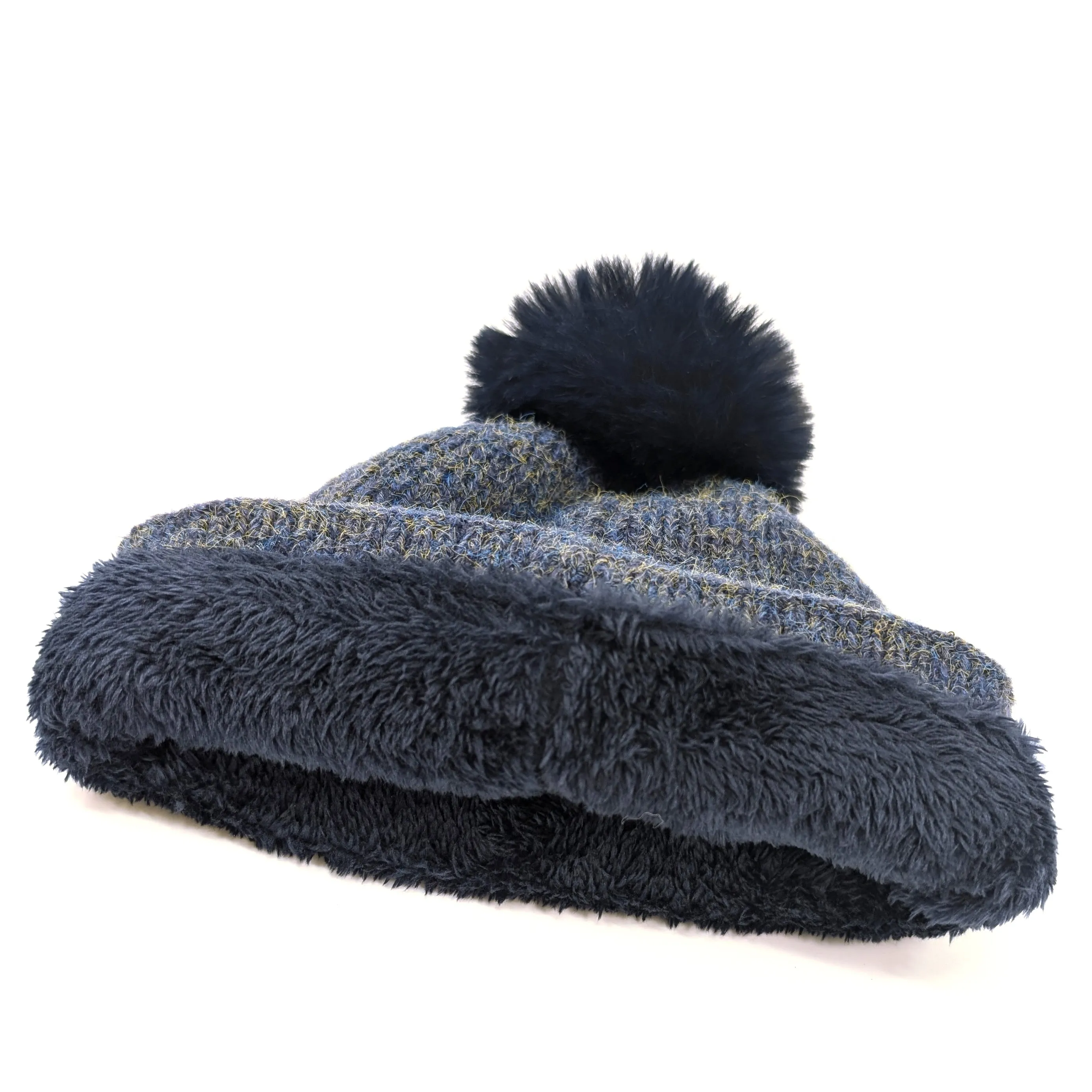 Sequin Faux Fur PomPom Hat - Navy Blue