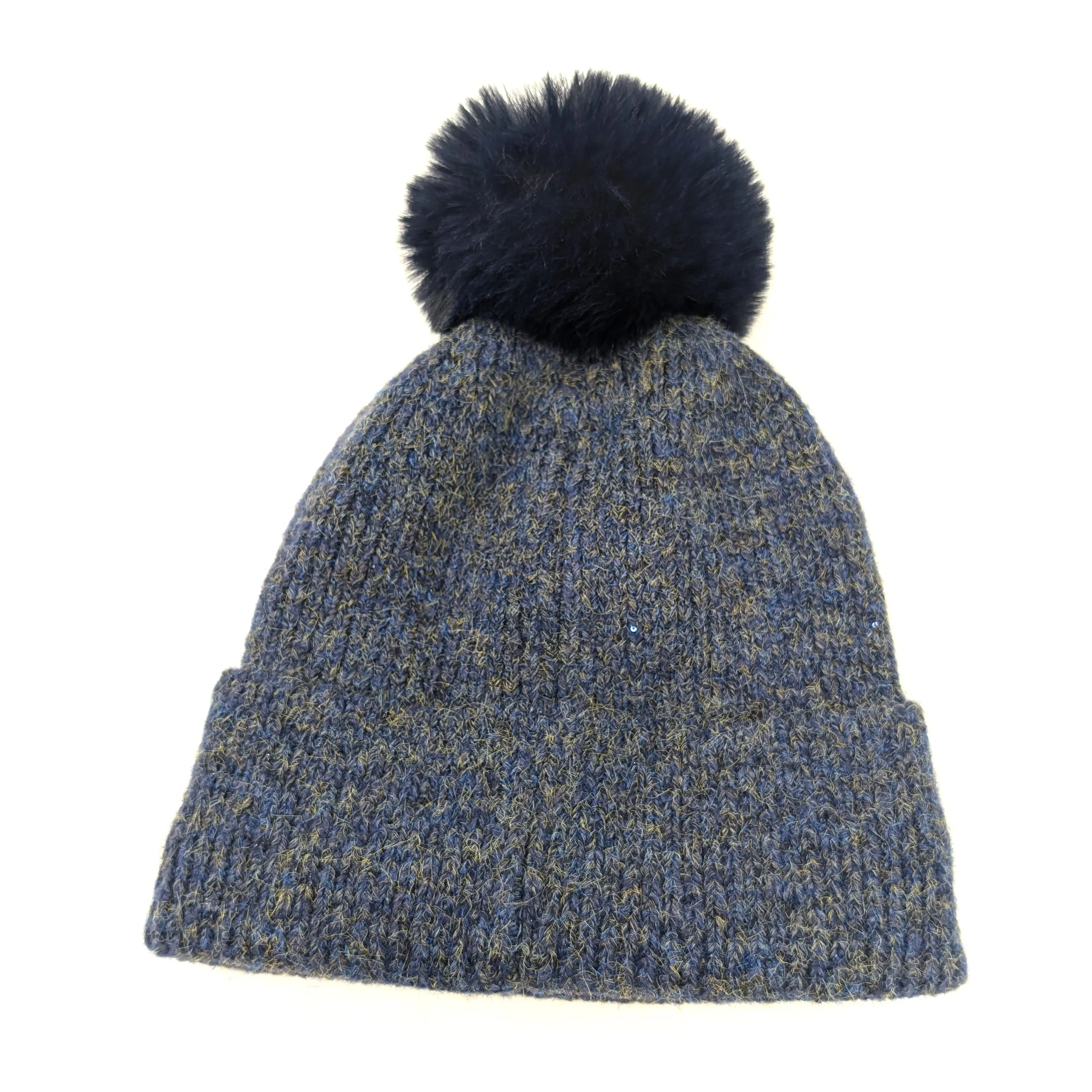 Sequin Faux Fur PomPom Hat - Navy Blue