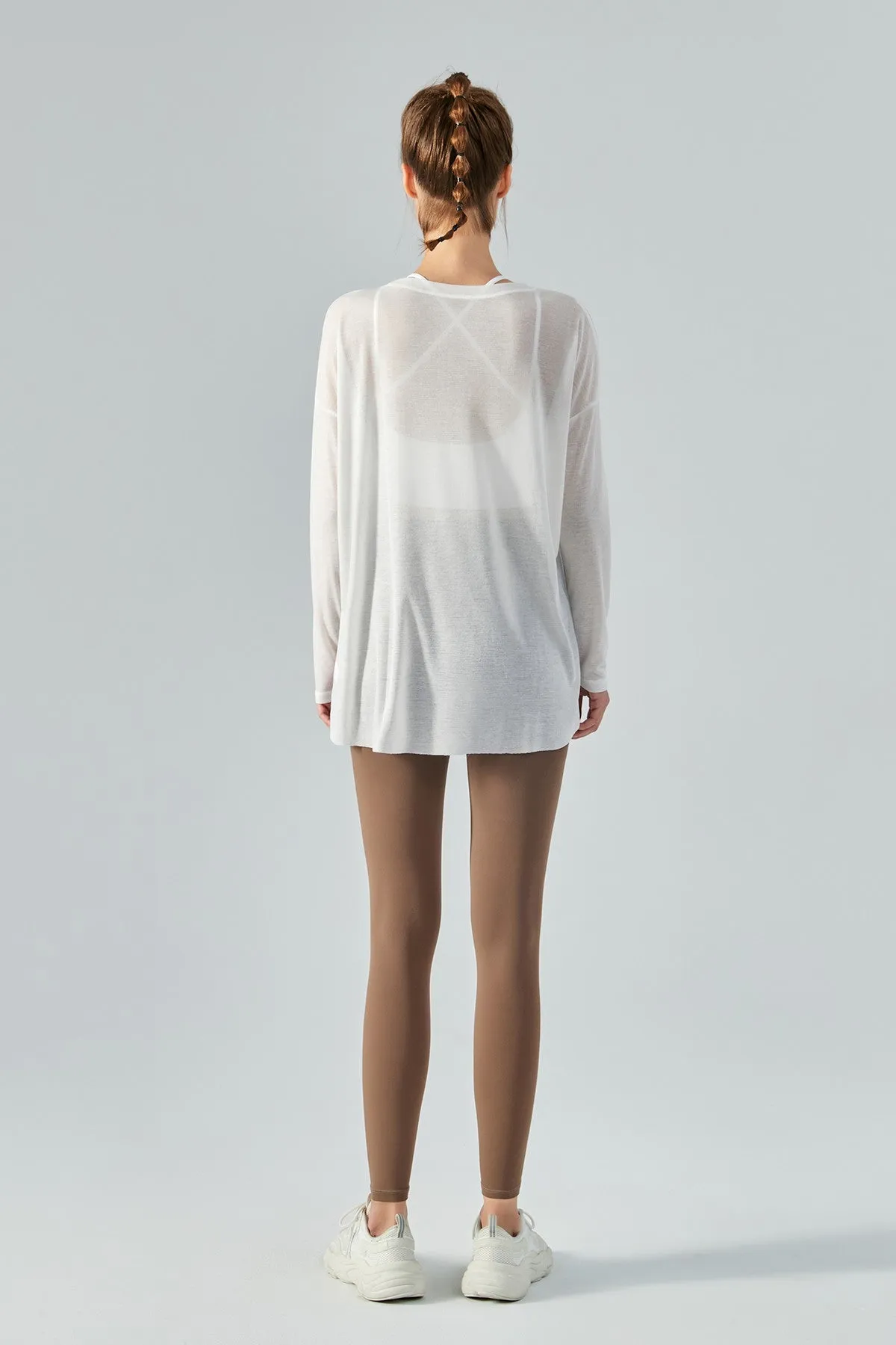 Sheer Mesh Long Sleeve Asymmetrical Hem Tops