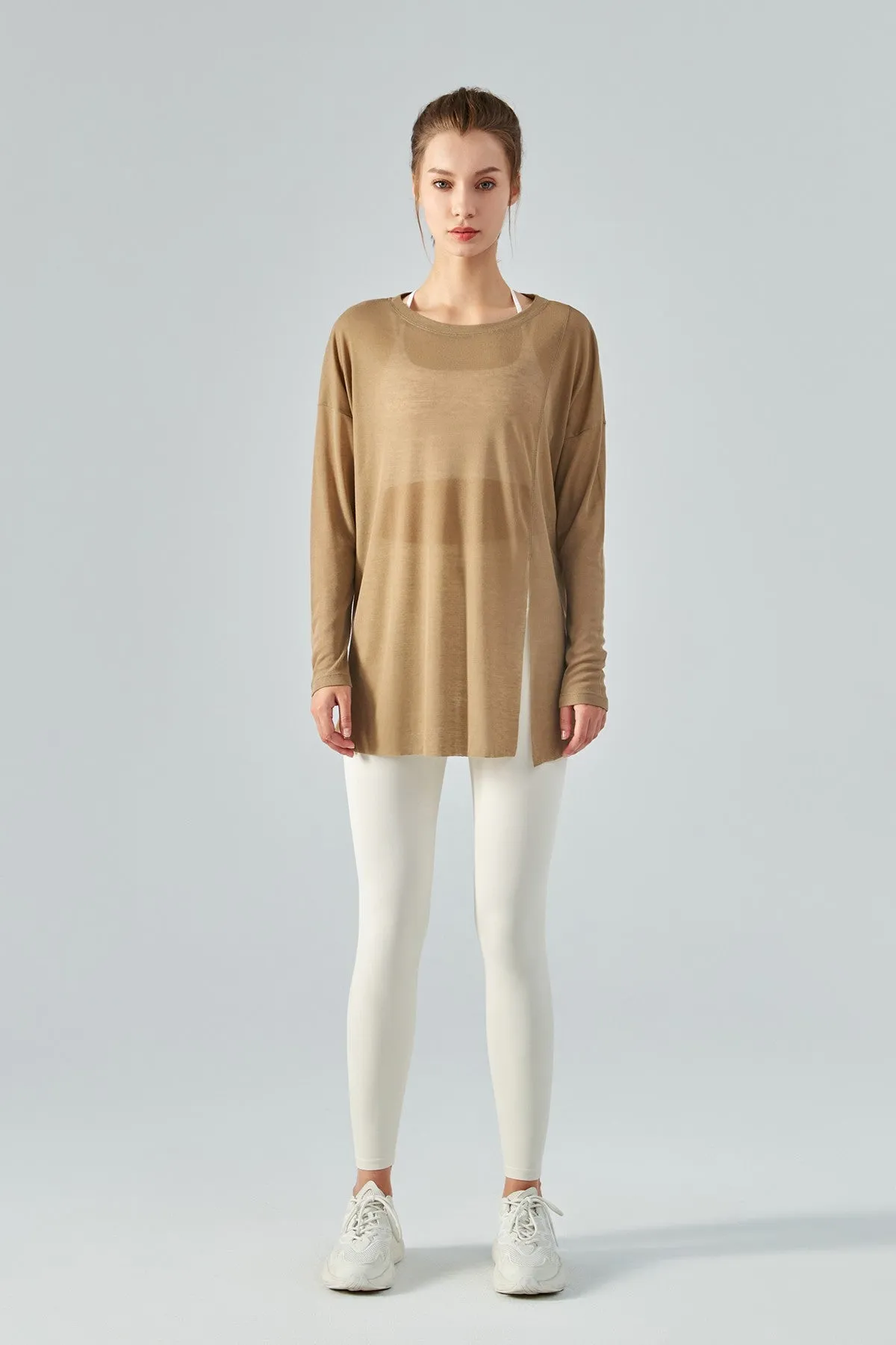 Sheer Mesh Long Sleeve Asymmetrical Hem Tops
