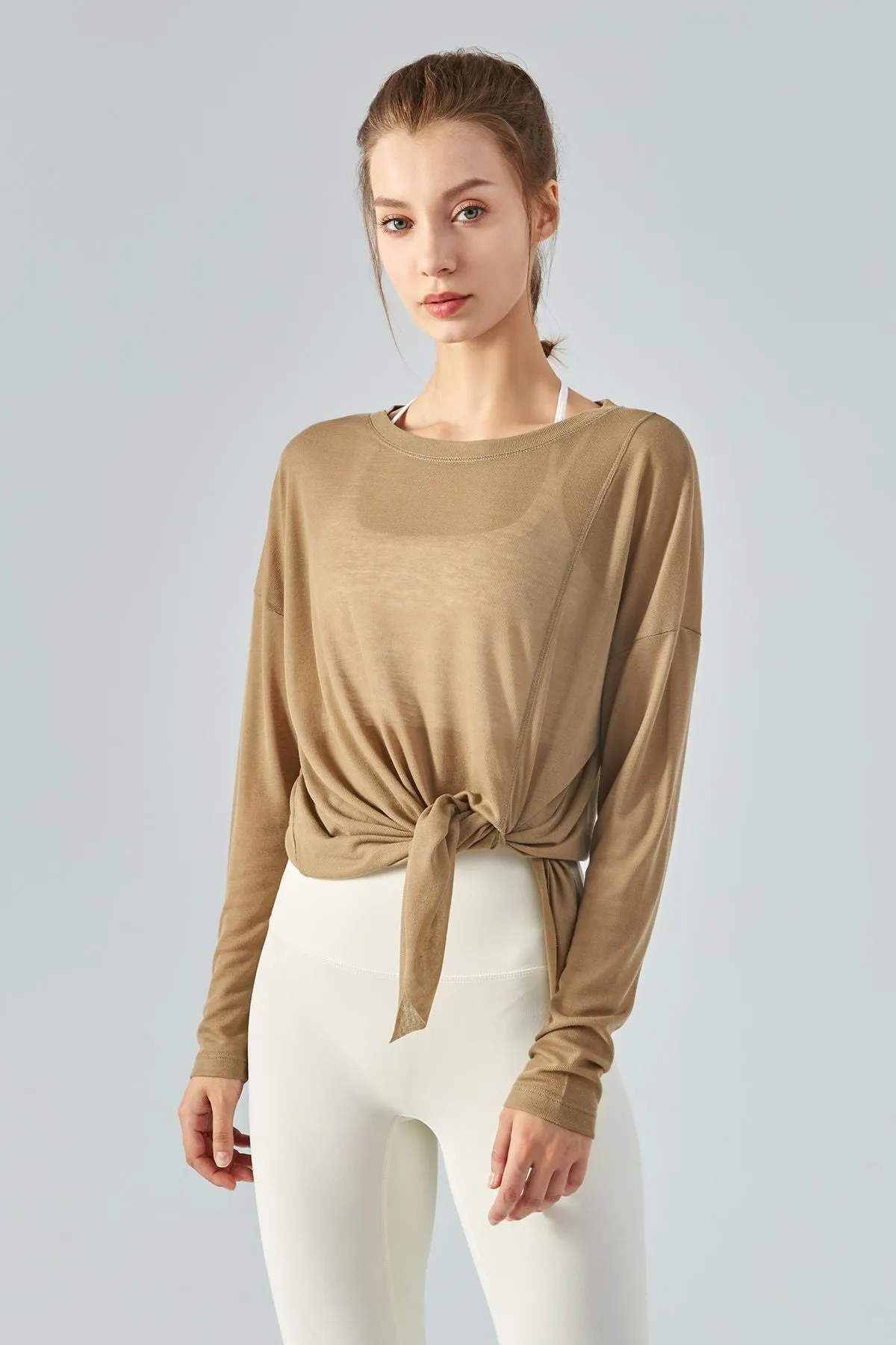 Sheer Mesh Long Sleeve Asymmetrical Hem Tops