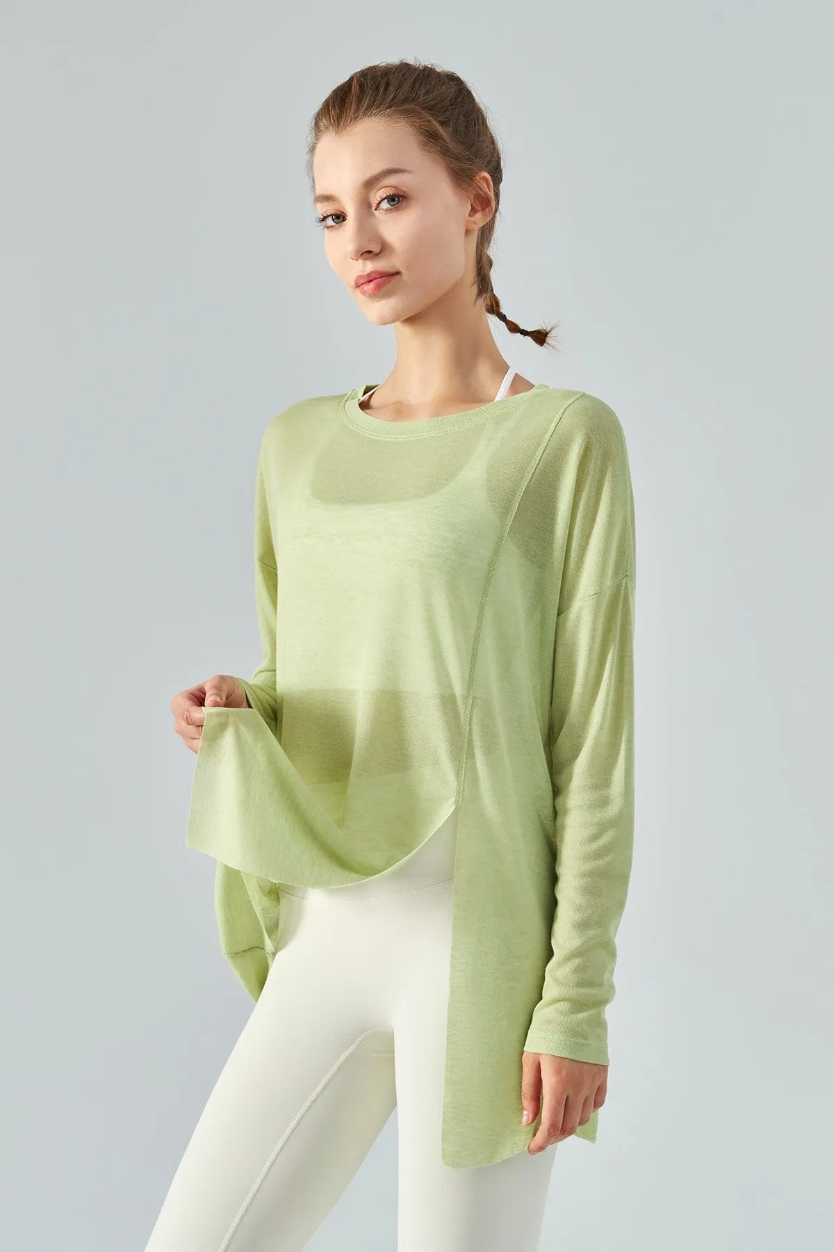 Sheer Mesh Long Sleeve Asymmetrical Hem Tops