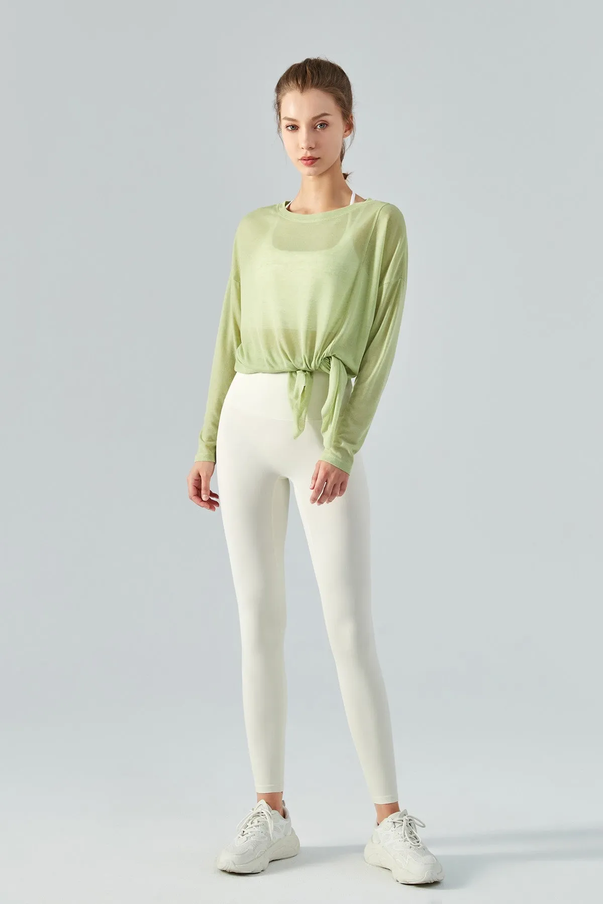 Sheer Mesh Long Sleeve Asymmetrical Hem Tops