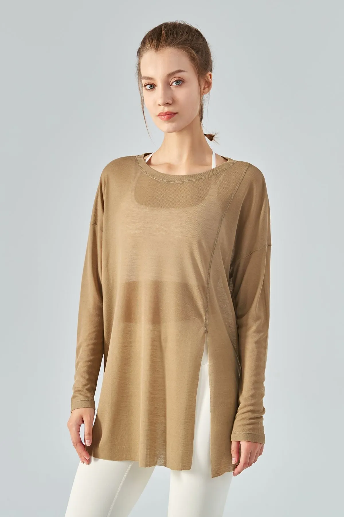 Sheer Mesh Long Sleeve Asymmetrical Hem Tops