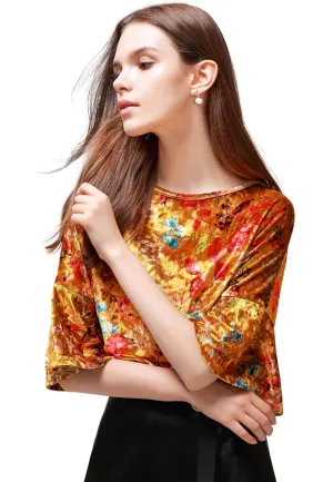Shiny Velvet Floral Top With Bell Sleeves
