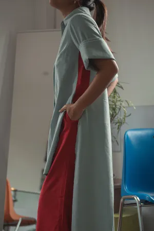 Shirt Tail Top in Light Aqua with Red contrast panel