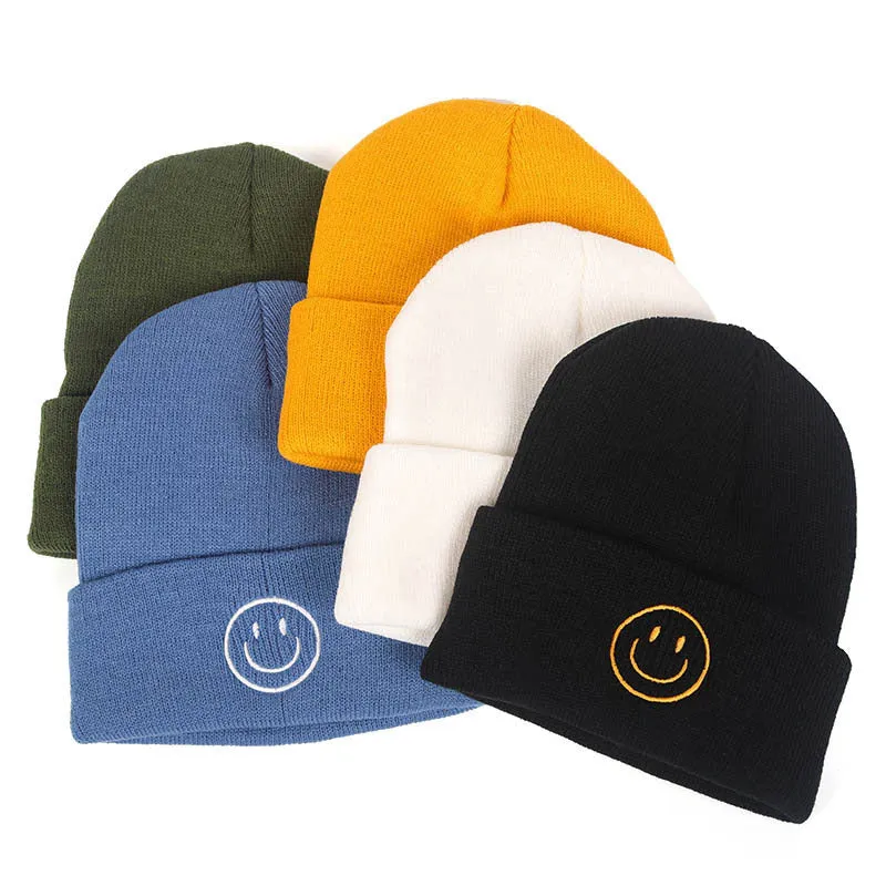 Smiley Face Embroidered Plain Knit Beanie