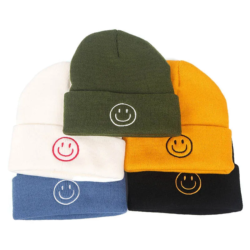 Smiley Face Embroidered Plain Knit Beanie