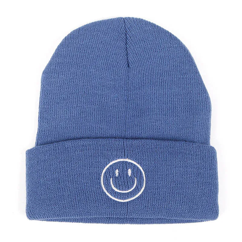 Smiley Face Embroidered Plain Knit Beanie