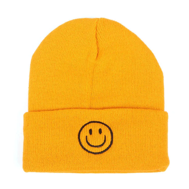 Smiley Face Embroidered Plain Knit Beanie
