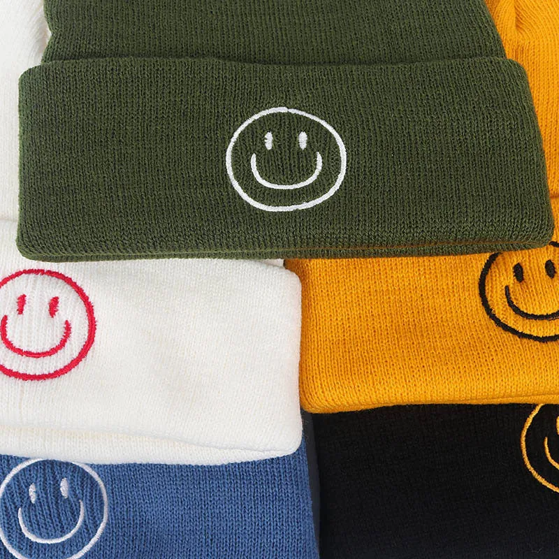 Smiley Face Embroidered Plain Knit Beanie