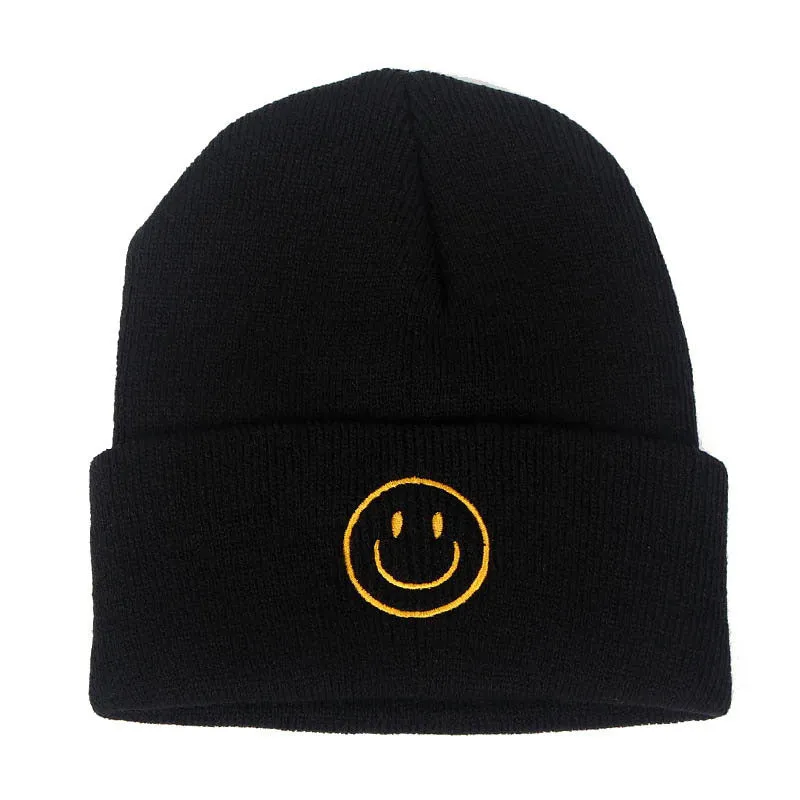 Smiley Face Embroidered Plain Knit Beanie