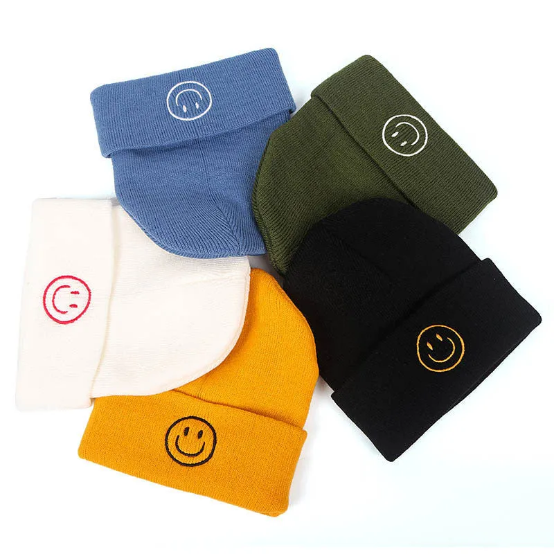 Smiley Face Embroidered Plain Knit Beanie