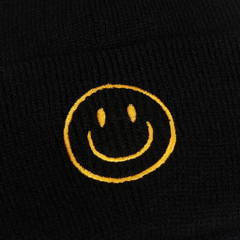 Smiley Face Embroidered Plain Knit Beanie