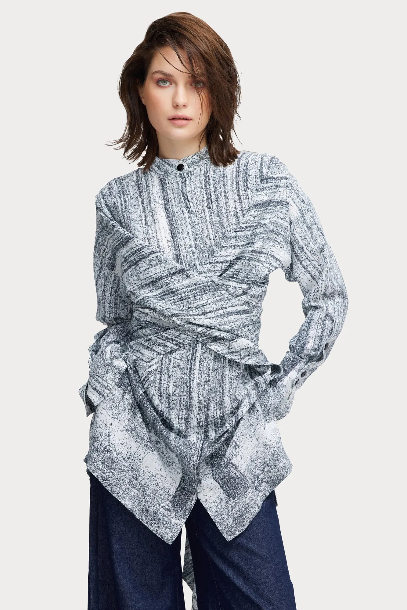 Soft Viscose Wrap-Style Tunic Shirt Abstract Print
