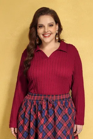 Solid Texture Knit Long Sleeve Collared Shirt