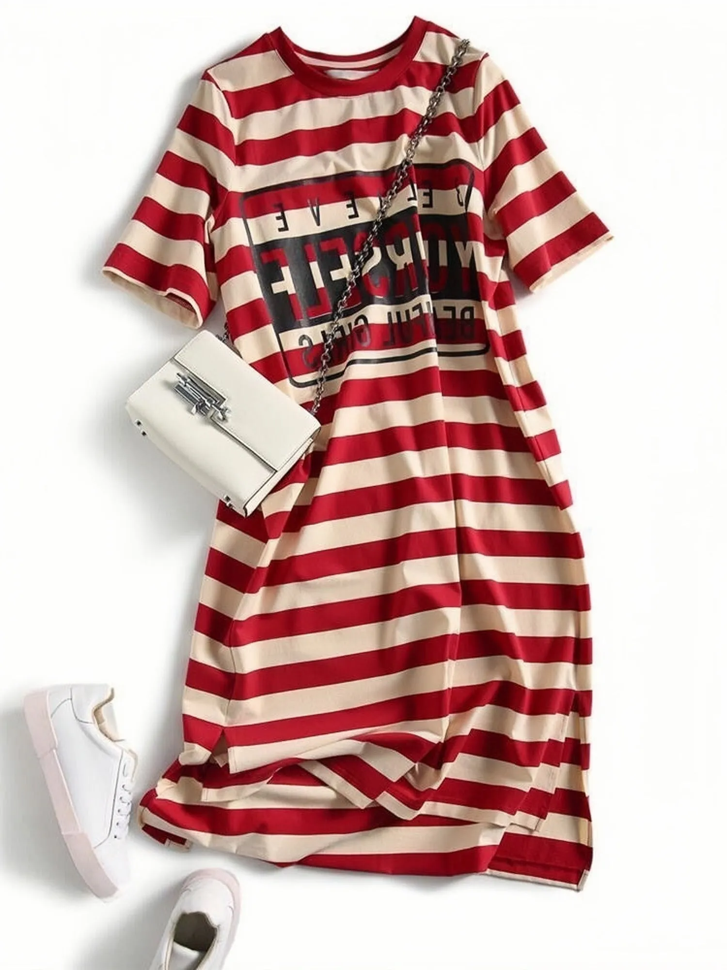 TastyHottie - Loose Striped Letter Printing Long Shirt Dress