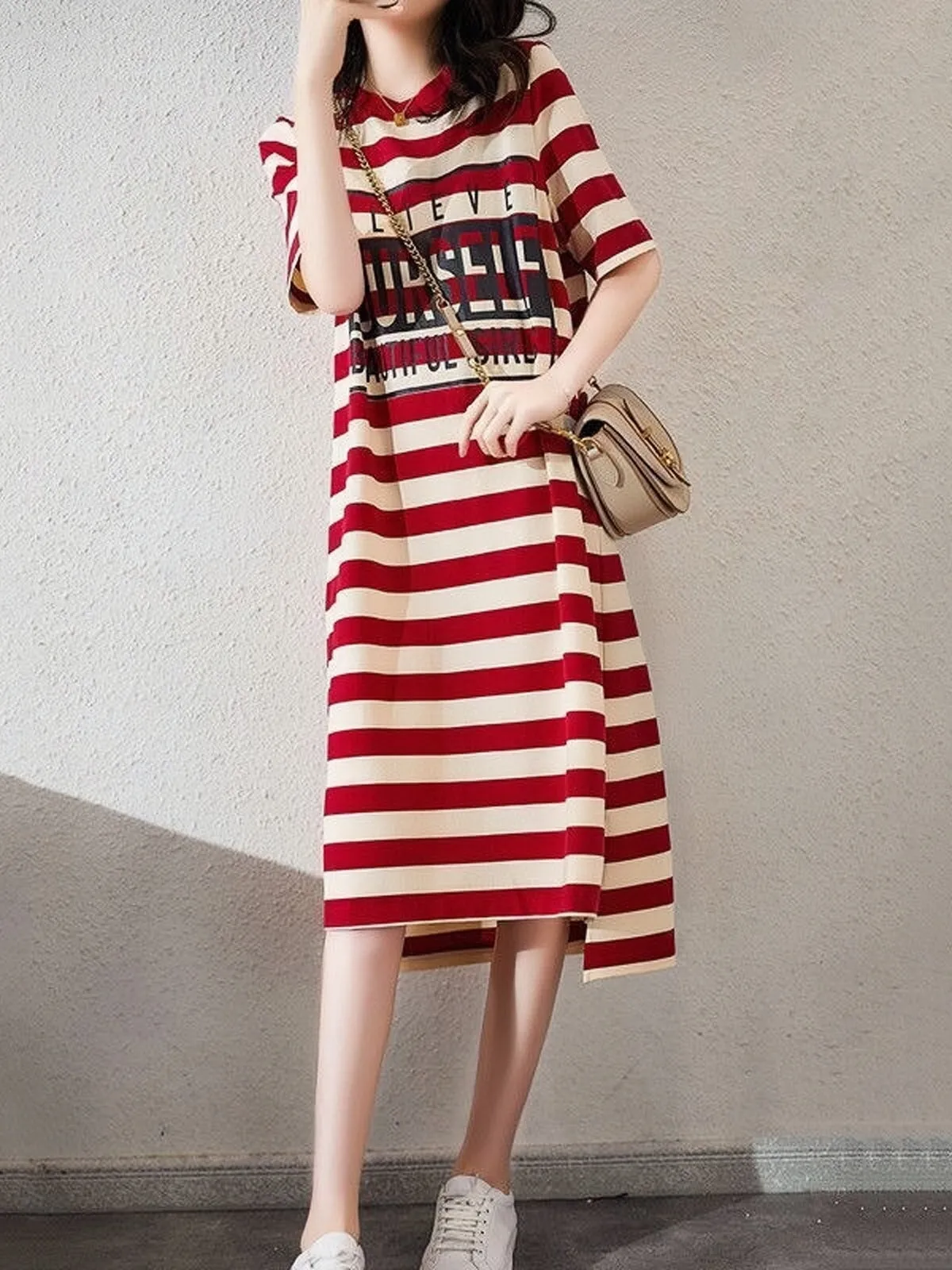 TastyHottie - Loose Striped Letter Printing Long Shirt Dress