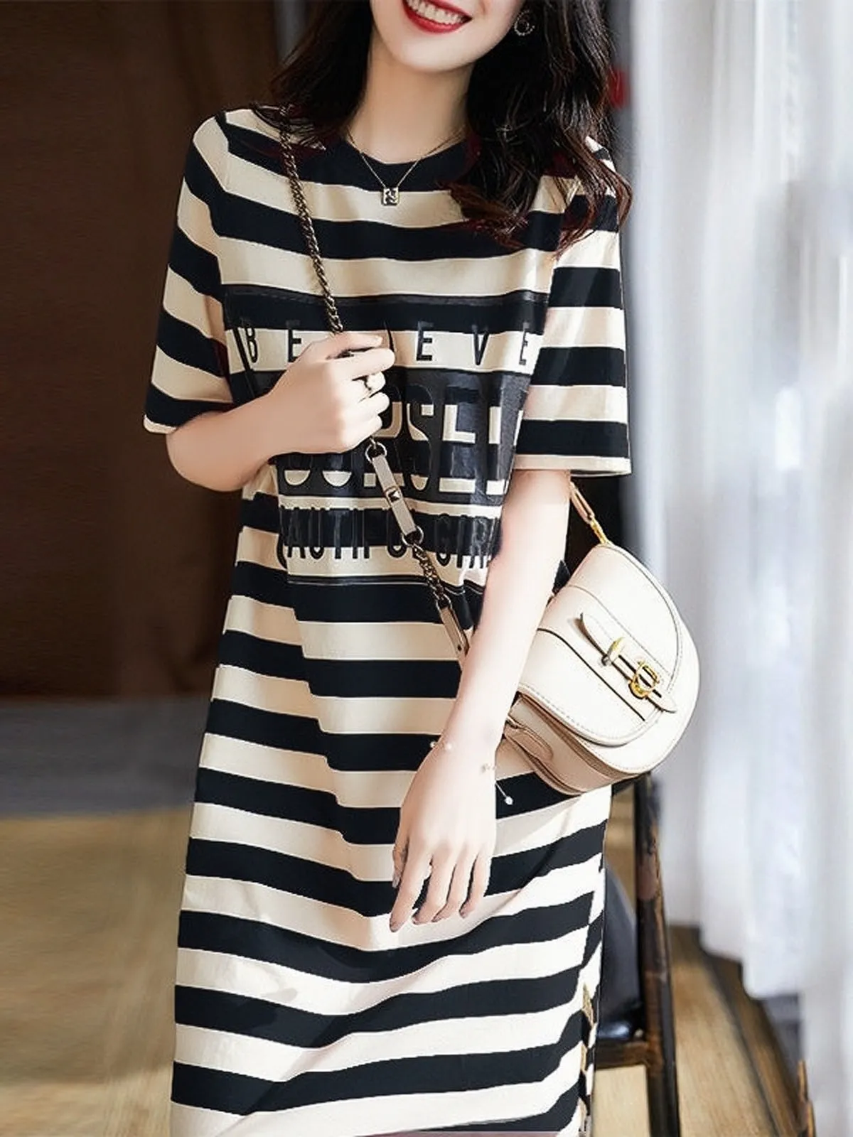 TastyHottie - Loose Striped Letter Printing Long Shirt Dress