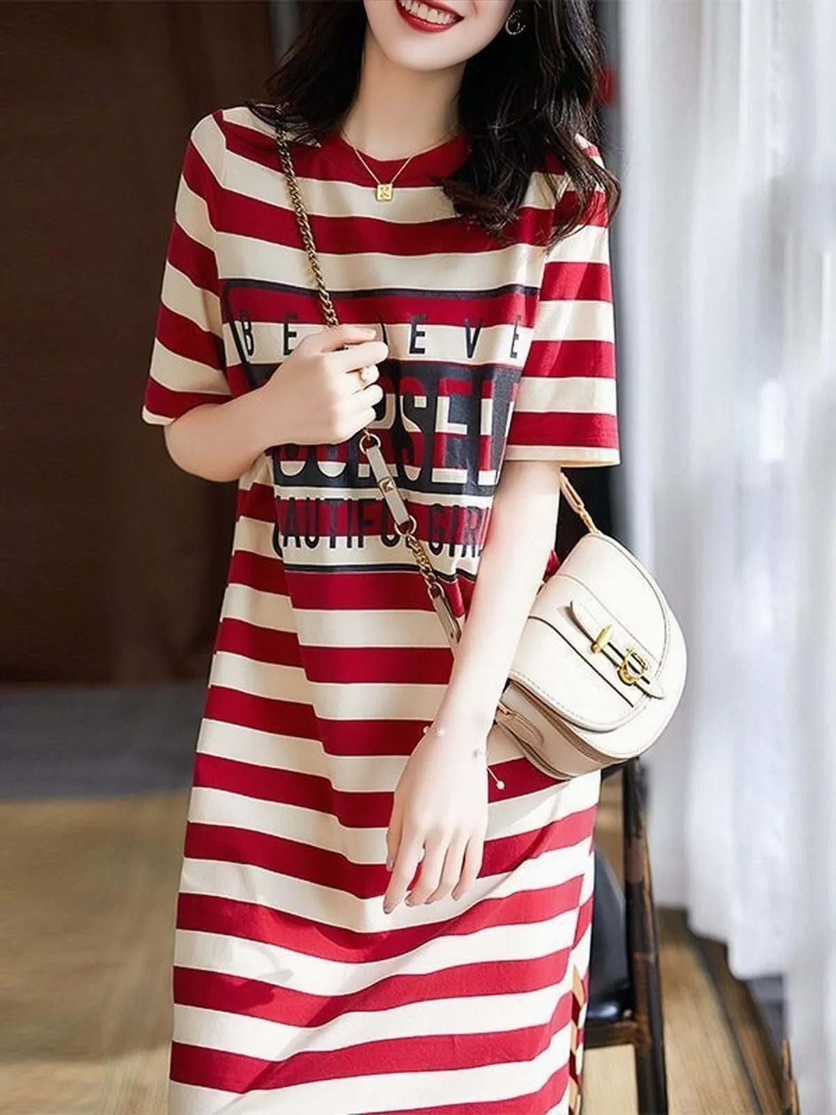 TastyHottie - Loose Striped Letter Printing Long Shirt Dress
