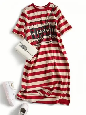 TastyHottie - Loose Striped Letter Printing Long Shirt Dress