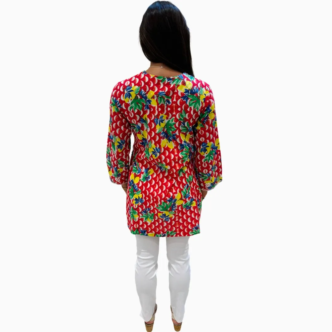 The Key Largo Embroidered Tunic in Red and White Geometric Floral