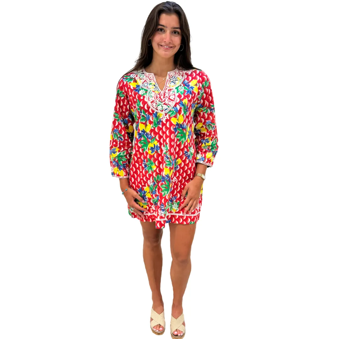 The Key Largo Embroidered Tunic in Red and White Geometric Floral