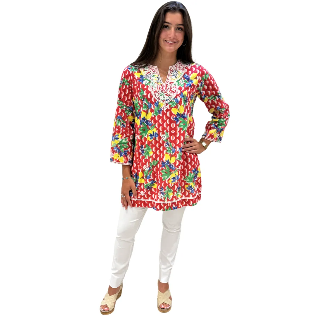 The Key Largo Embroidered Tunic in Red and White Geometric Floral