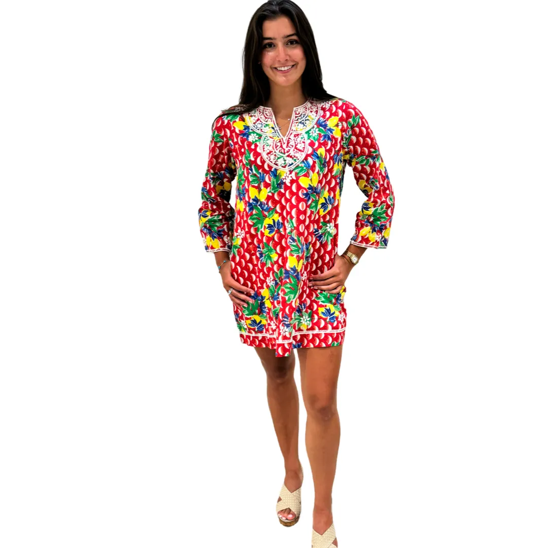 The Key Largo Embroidered Tunic in Red and White Geometric Floral