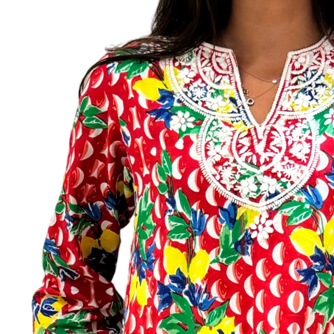 The Key Largo Embroidered Tunic in Red and White Geometric Floral