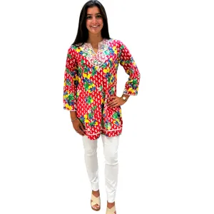 The Key Largo Embroidered Tunic in Red and White Geometric Floral