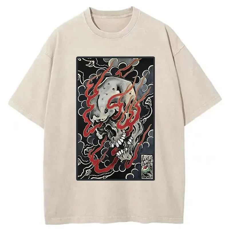 Tokyo-Tiger Flame And Skull Japanese Washed T-Shirt