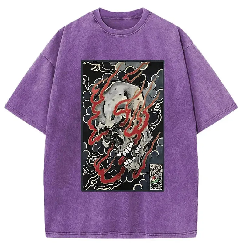 Tokyo-Tiger Flame And Skull Japanese Washed T-Shirt
