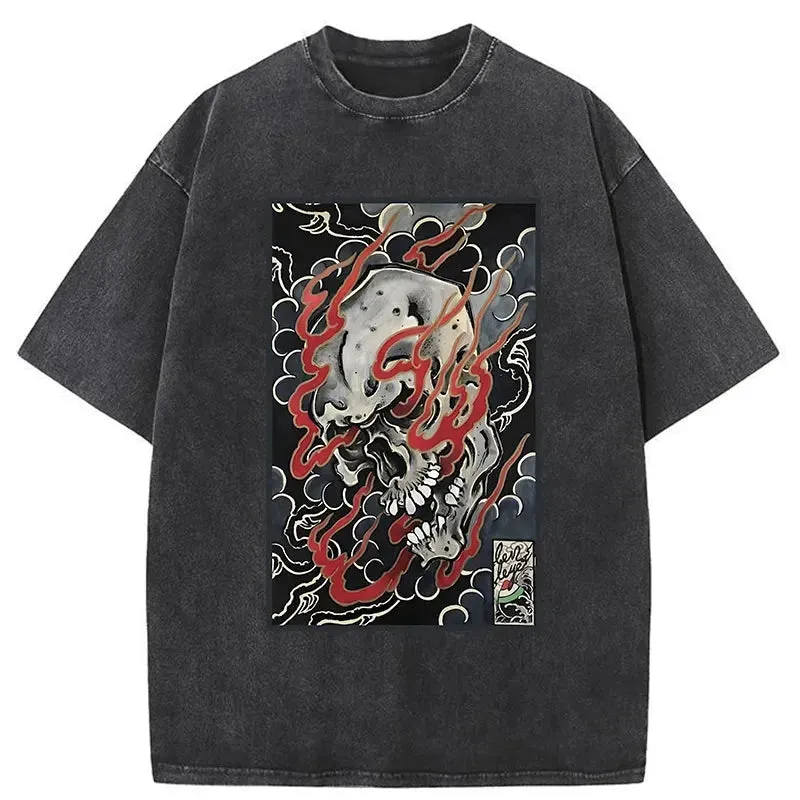 Tokyo-Tiger Flame And Skull Japanese Washed T-Shirt